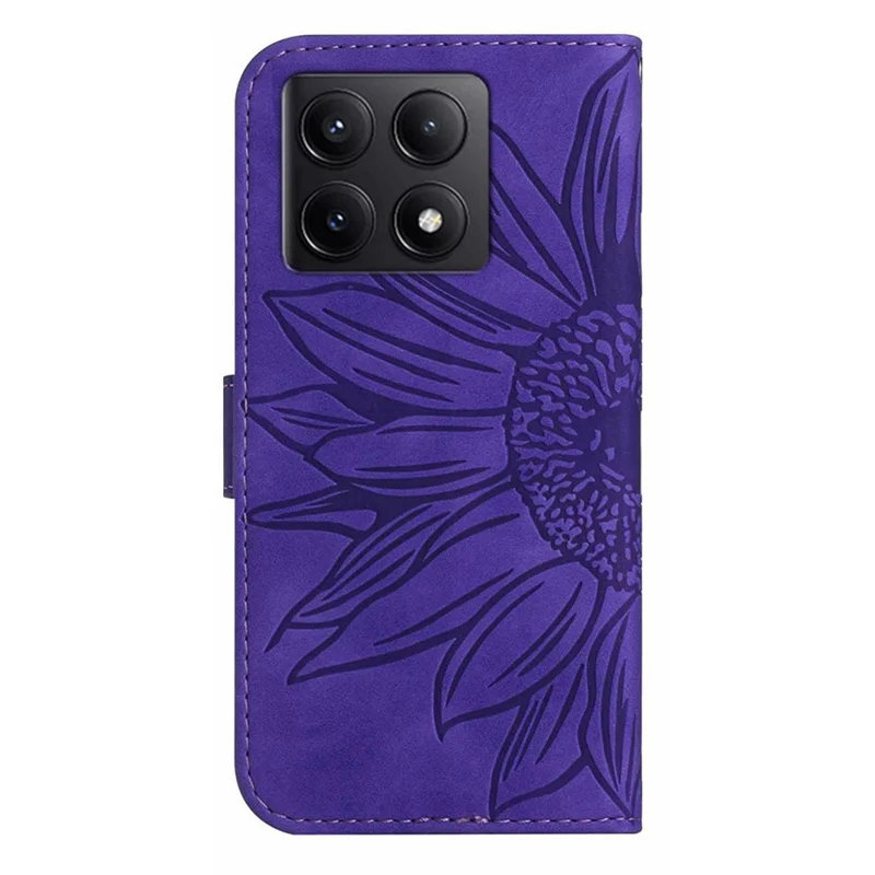 HT04 لجهاز Xiaomi 14T Pro غطاء بطبعة زهرة دوار الشمس، غطاء جلد على شكل محفظة مع حزام معصمي - بنفسجي غامق