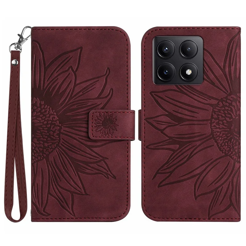 HT04 For Xiaomi 14T Pro Case Sunflower Imprint Leather Wallet Phone Cover with Wrist Strap - Wine Red
