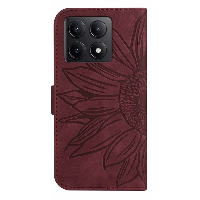 HT04 For Xiaomi 14T Pro Case Sunflower Imprint Leather Wallet Phone Cover with Wrist Strap - Wine Red