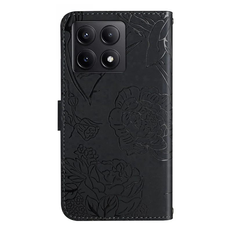 HT03 Para Xiaomi 14t Pro Case Butterfly Flower Impresión de Cuero Cubierta de Teléfono Con Correa Para el Hombro - Negro
