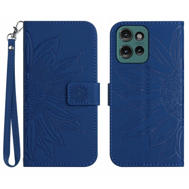 Étui HT04 pour Motorola Edge 50 Neo 5G / Moto S50 5G / Thinkphone 25 5G avec motif de tournesol en cuir synthétique et dragonne - Saphir