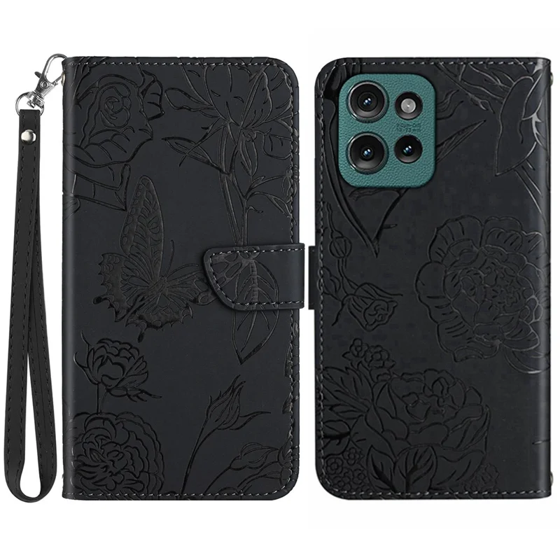 HT03 Para Motorola Edge 50 Neo 5g Case Butterfly Flower Imprime Couro de Couro Com Alça de Ombro - Preto