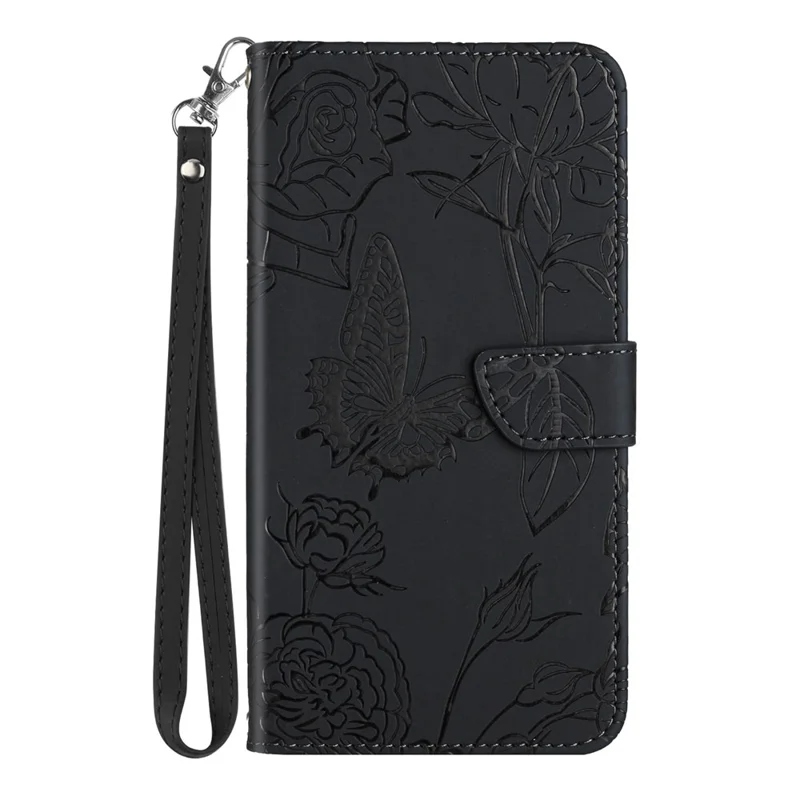HT03 Para Motorola Edge 50 Neo 5g Case Butterfly Flower Imprime Couro de Couro Com Alça de Ombro - Preto