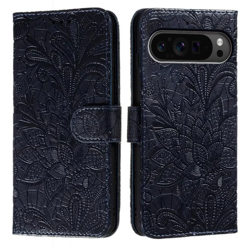 Para Google Pixel 9 Pro XL Case Lace Flores PU pu Flip Flip Willet Telebre Cubierta - Negro