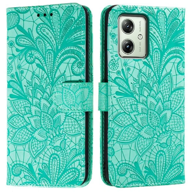 For Motorola Moto G54 5G Case Lace Flowers PU Leather Flip Wallet Phone Cover - Green