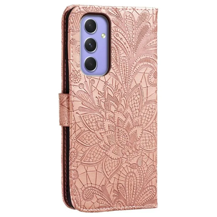 For Samsung Galaxy S23 FE Case Lace Flowers PU Leather Flip Wallet Phone Cover - Rose Gold