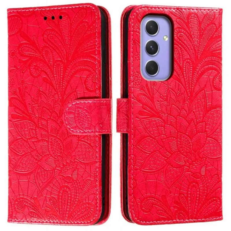 For Samsung Galaxy A55 5G Case Lace Flowers PU Leather Flip Wallet Phone Cover - Red