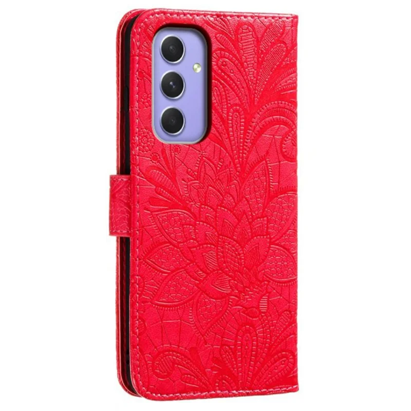 For Samsung Galaxy A55 5G Case Lace Flowers PU Leather Flip Wallet Phone Cover - Red