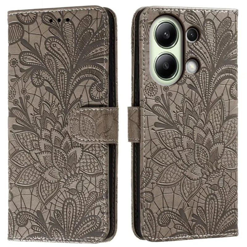 For Xiaomi Redmi Note 13 4G Case Lace Flowers PU Leather Flip Wallet Phone Cover - Grey
