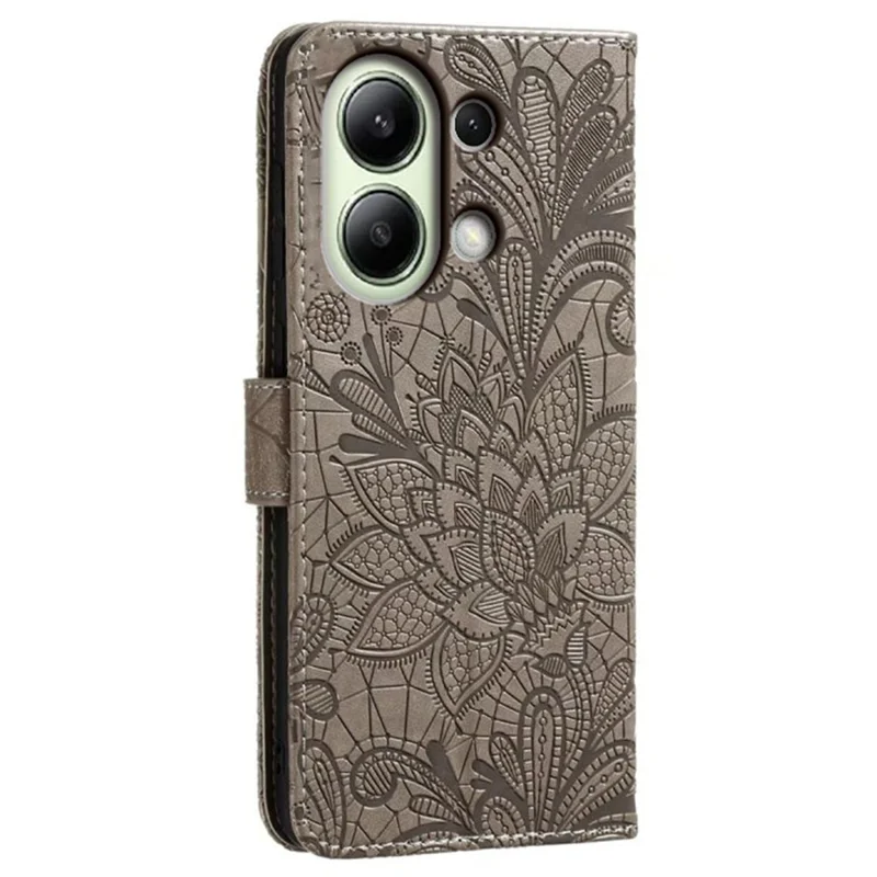 For Xiaomi Redmi Note 13 4G Case Lace Flowers PU Leather Flip Wallet Phone Cover - Grey