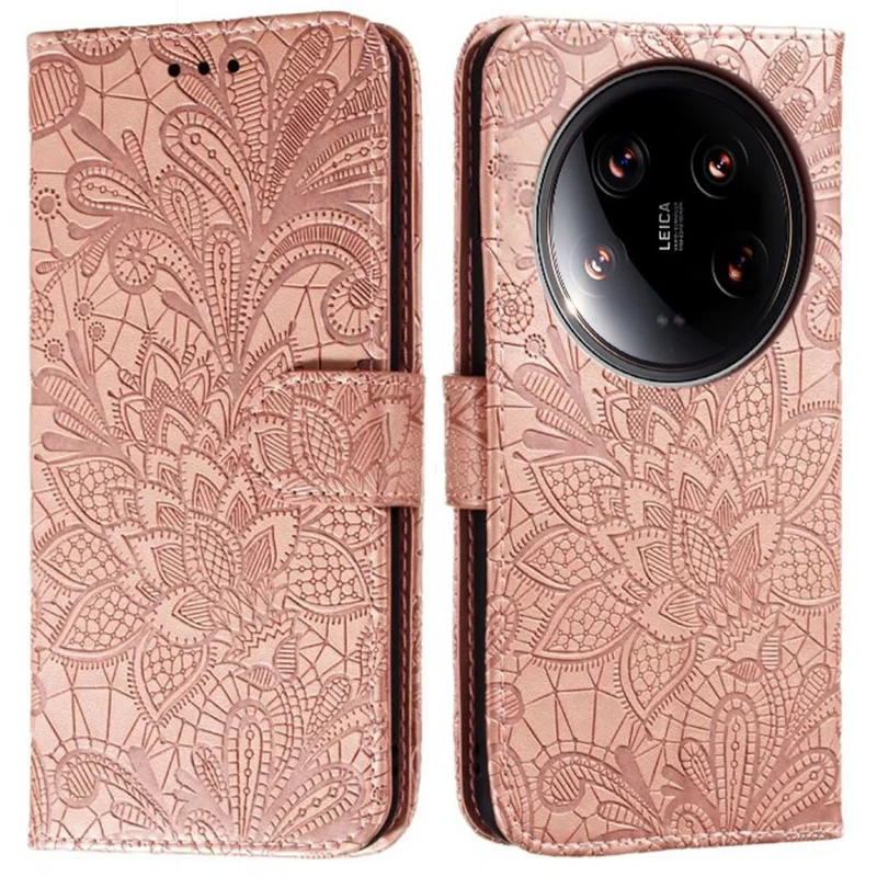 Pour Xiaomi 14 Ultra Case Lace Flowers pu Leather Flip Wallet Téléphone Cover - or Rose