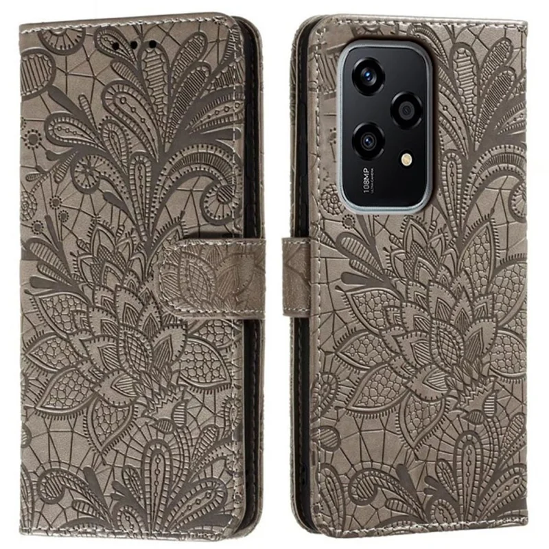 For Honor 200 Lite Case Lace Flowers PU Leather Flip Wallet Phone Cover - Grey