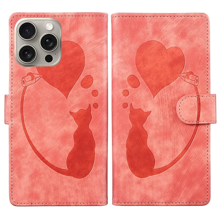 Pour Iphone 16 Pro Case Heart Cat Pliing Stand pu Leather Téléphone - Rose