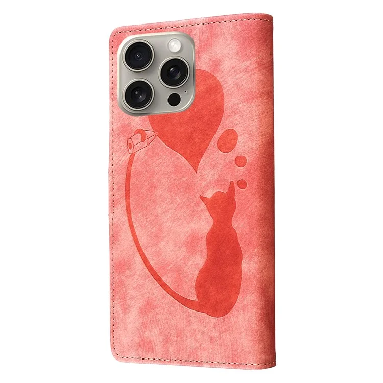 Pour Iphone 16 Pro Case Heart Cat Pliing Stand pu Leather Téléphone - Rose