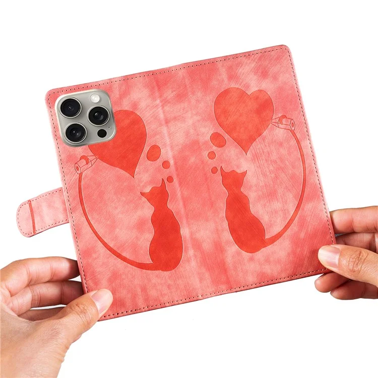 Pour Iphone 16 Pro Max Case Heart Cat Pling Stand PU pu Leather Phone Cover - Rose