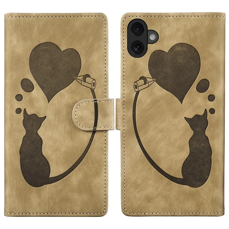 Pour Iphone 16 Case de Coeur de Coeur Cat de Pliing Stand pu Leather Téléphone - Brun