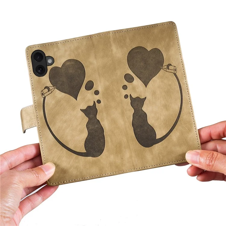 Für Iphone 16 Plus Case Heart Cat Folding Stand PU Leder Telefonabdeckung - Hellbraun