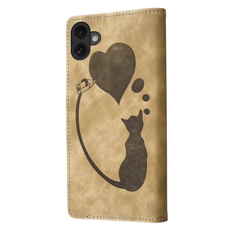 Für Iphone 16 Plus Case Heart Cat Folding Stand PU Leder Telefonabdeckung - Hellbraun
