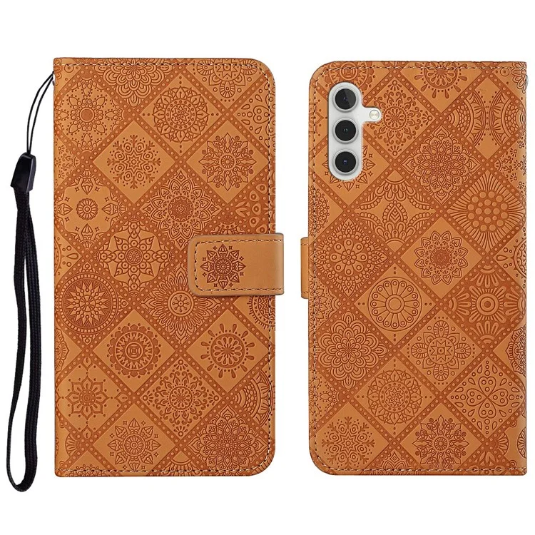 For Samsung Galaxy A26 5G / A16 5G / A16 4G Leather Case Ethnic Style Phone Wallet Cover with Strap - Brown