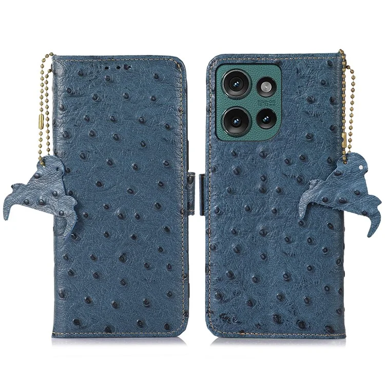 Per Motorola Edge 50 5G Case RFID Bloccante Texture di Struzzo di Telefono in Pelle di Mucca Vera - Blu