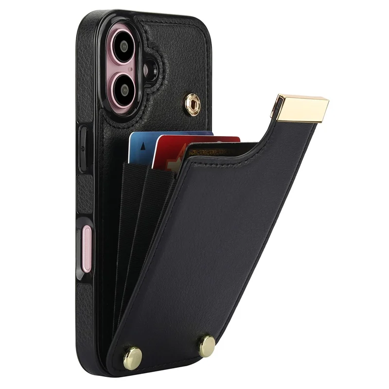 For iPhone 16 Case TPU+PU Leather Hardware Decor Phone Cover with Card Holder - Black