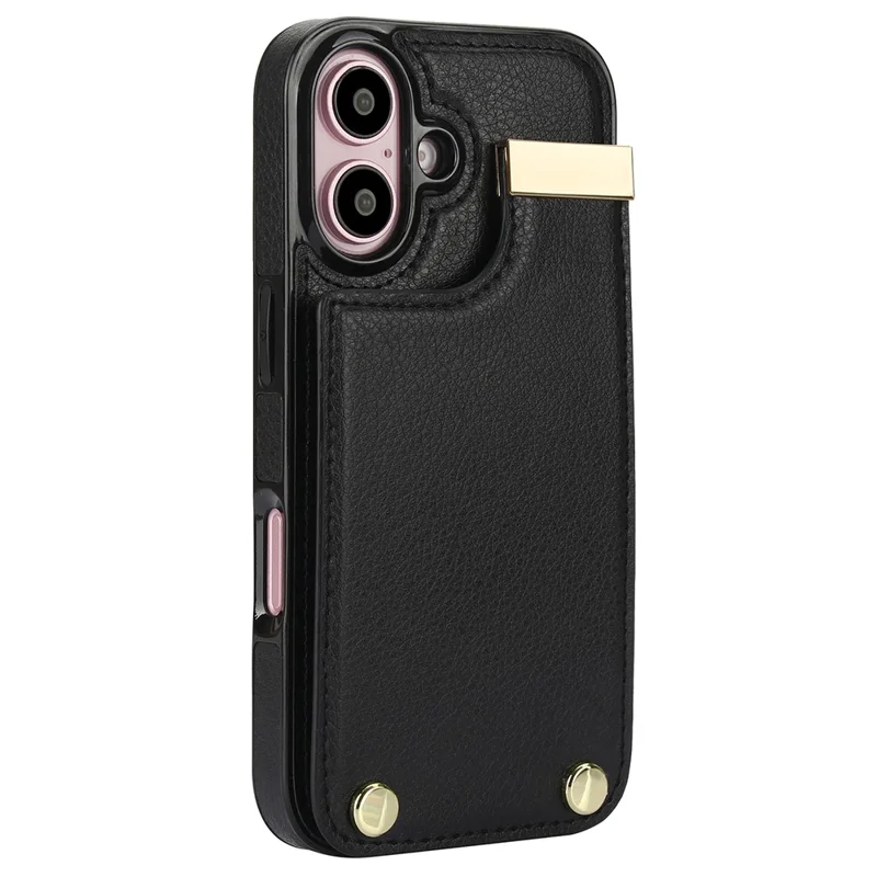 For iPhone 16 Case TPU+PU Leather Hardware Decor Phone Cover with Card Holder - Black