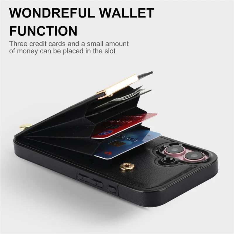 For iPhone 16 Case TPU+PU Leather Hardware Decor Phone Cover with Card Holder - Black