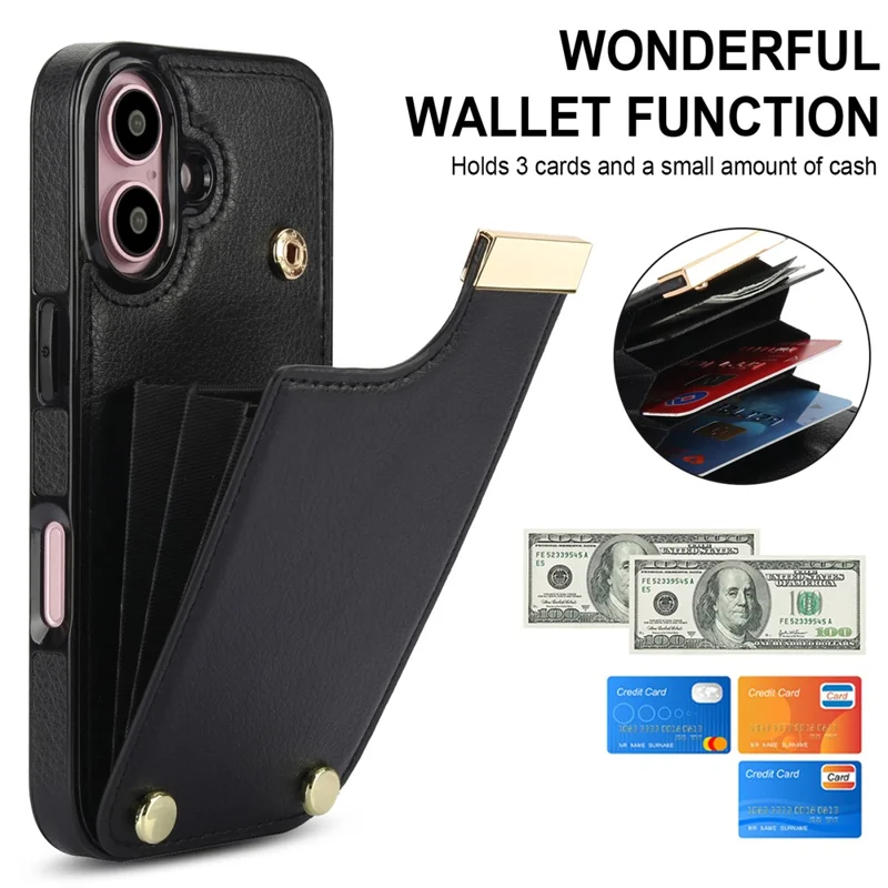 Für iPhone 16 Plus Case TPU+PU Leder Hardware Dekor Handyhülle mit Kartenfach - Schwarz