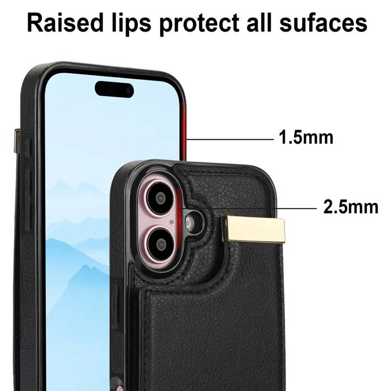 Für iPhone 16 Plus Case TPU+PU Leder Hardware Dekor Handyhülle mit Kartenfach - Schwarz