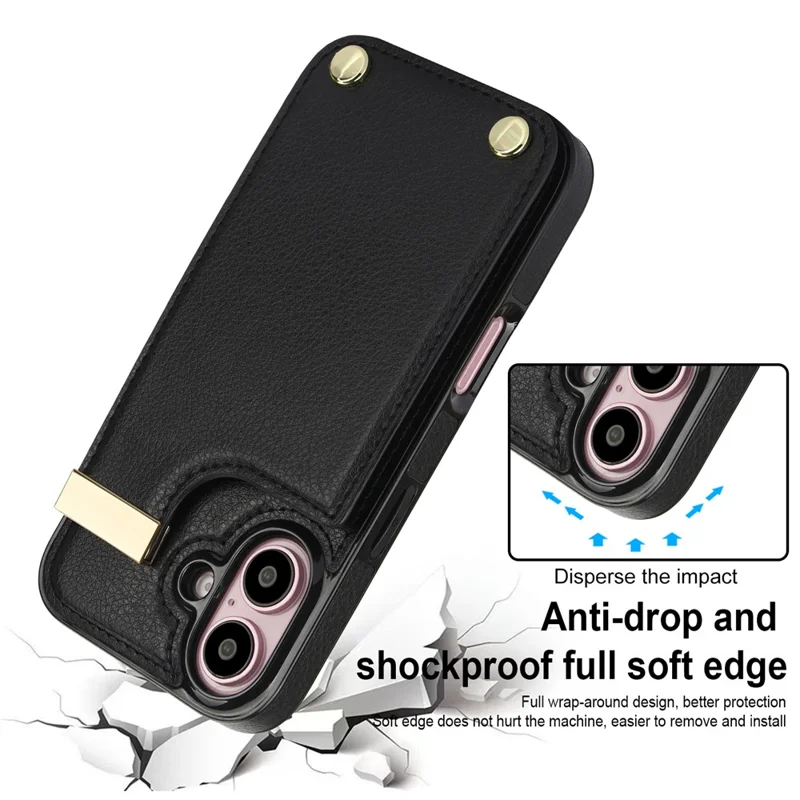 Für iPhone 16 Plus Case TPU+PU Leder Hardware Dekor Handyhülle mit Kartenfach - Schwarz