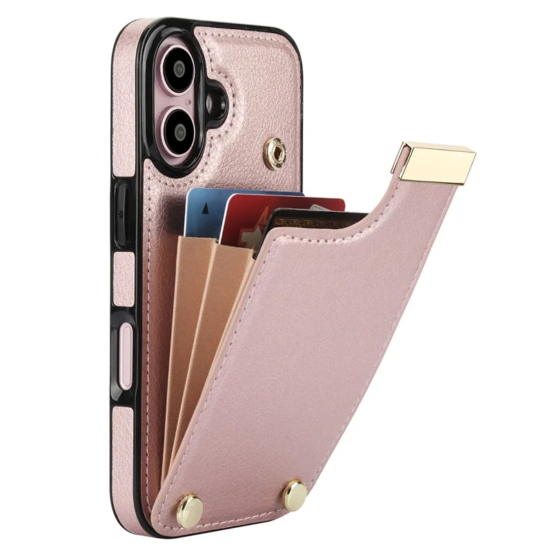 For iPhone 16 Plus Case TPU+PU Leather Hardware Decor Phone Cover with Card Holder - Rose Gold