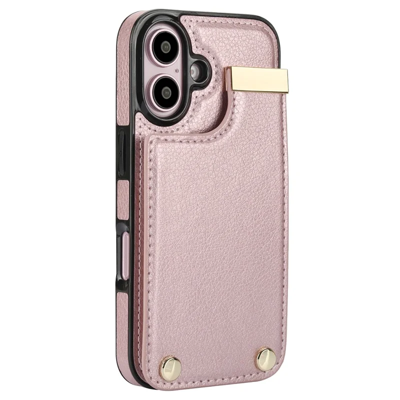 For iPhone 16 Plus Case TPU+PU Leather Hardware Decor Phone Cover with Card Holder - Rose Gold