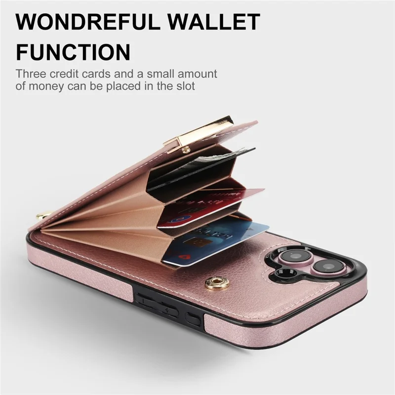 For iPhone 16 Plus Case TPU+PU Leather Hardware Decor Phone Cover with Card Holder - Rose Gold