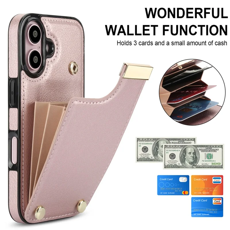 For iPhone 16 Plus Case TPU+PU Leather Hardware Decor Phone Cover with Card Holder - Rose Gold