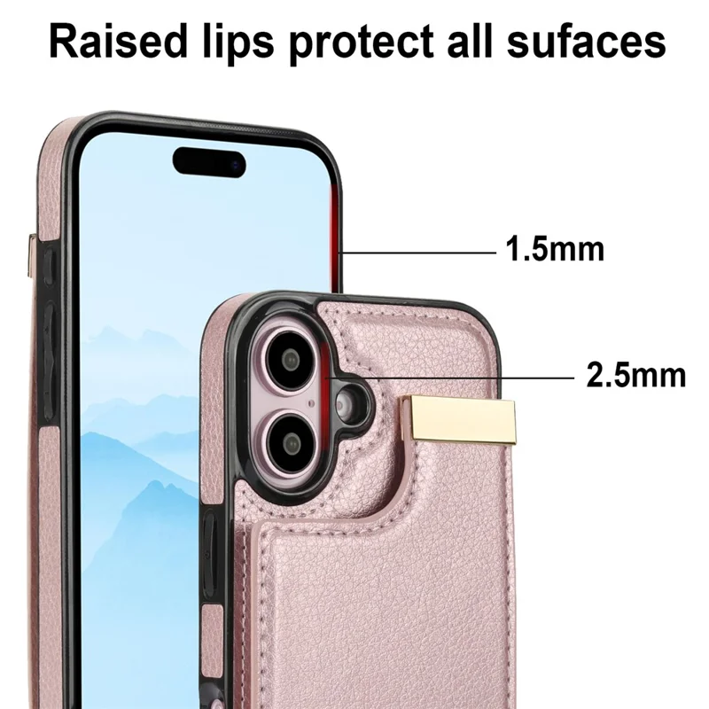 For iPhone 16 Plus Case TPU+PU Leather Hardware Decor Phone Cover with Card Holder - Rose Gold
