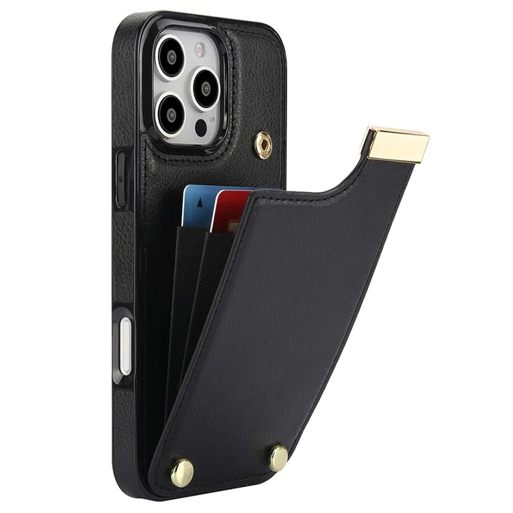 Für iPhone 16 Pro Max Case TPU+PU Leder Hardware-Dekor Handyhülle mit Kartenfach - Schwarz