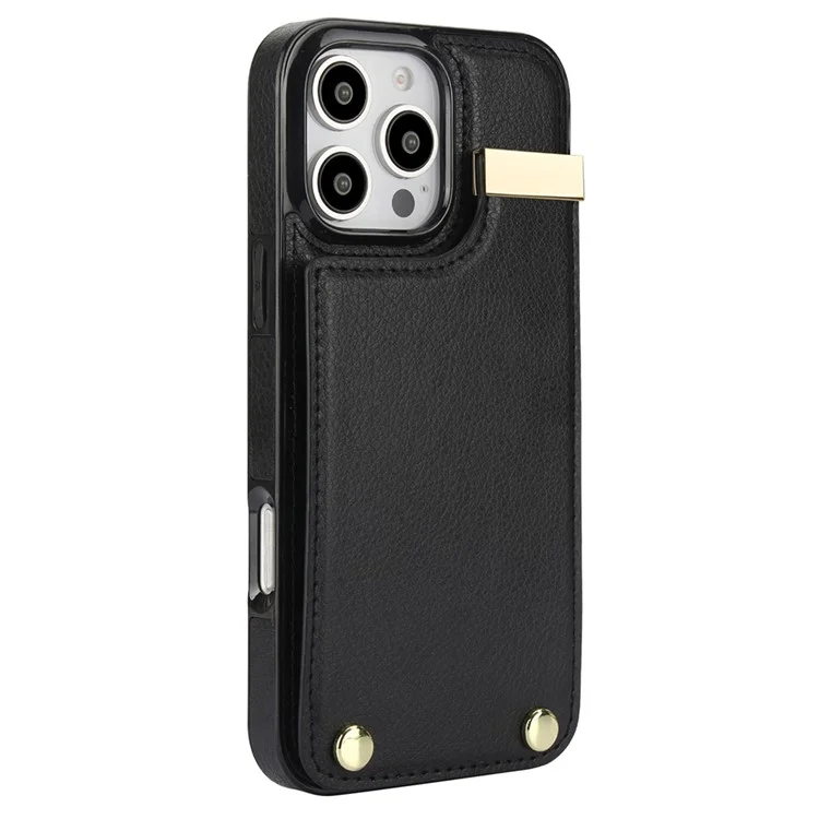 Für iPhone 16 Pro Max Case TPU+PU Leder Hardware-Dekor Handyhülle mit Kartenfach - Schwarz