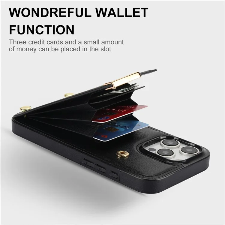 Für iPhone 16 Pro Max Case TPU+PU Leder Hardware-Dekor Handyhülle mit Kartenfach - Schwarz