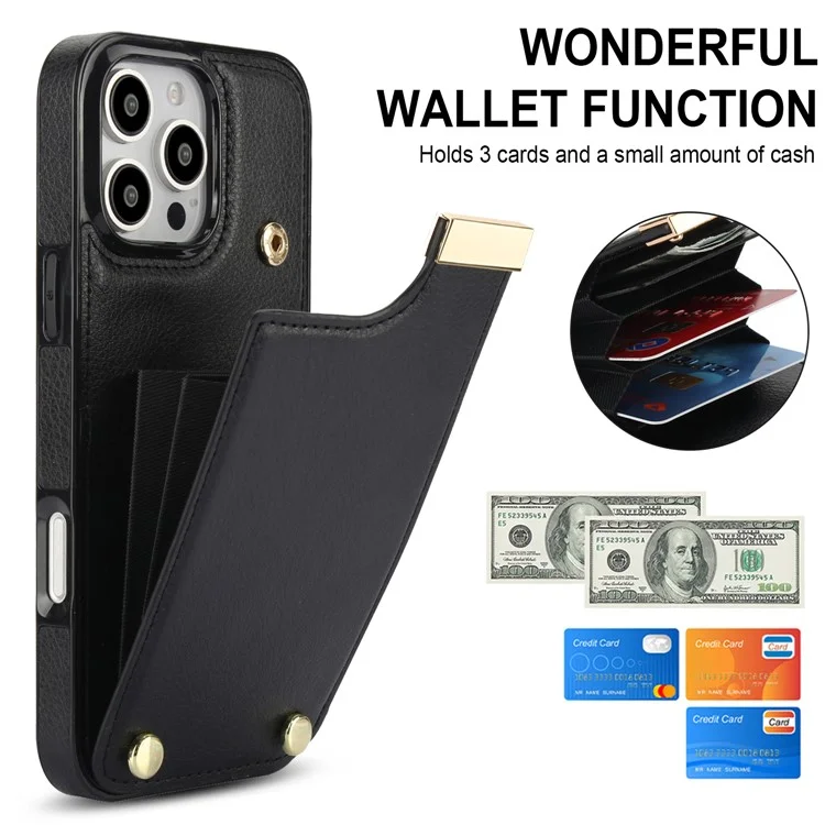 Für iPhone 16 Pro Max Case TPU+PU Leder Hardware-Dekor Handyhülle mit Kartenfach - Schwarz