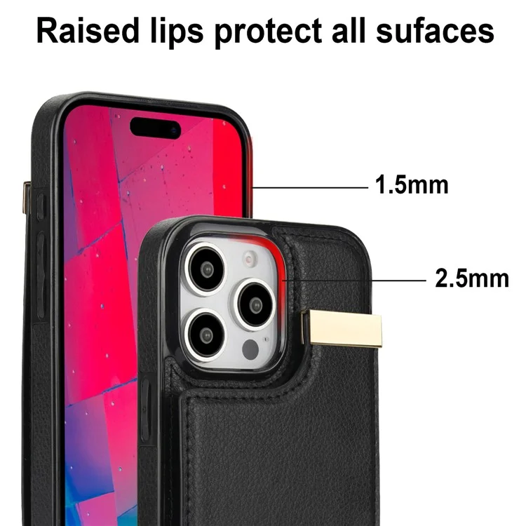 Für iPhone 16 Pro Max Case TPU+PU Leder Hardware-Dekor Handyhülle mit Kartenfach - Schwarz
