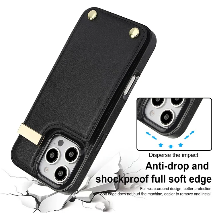 Für iPhone 16 Pro Max Case TPU+PU Leder Hardware-Dekor Handyhülle mit Kartenfach - Schwarz
