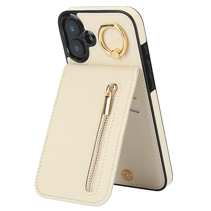For iPhone 16 Case RFID Blocking Ring Kickstand Retro Leather+TPU Anti-fall Phone Cover - Beige
