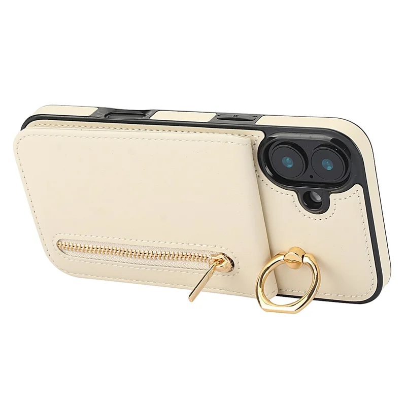 For iPhone 16 Case RFID Blocking Ring Kickstand Retro Leather+TPU Anti-fall Phone Cover - Beige