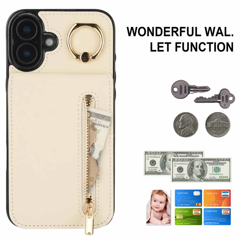 For iPhone 16 Case RFID Blocking Ring Kickstand Retro Leather+TPU Anti-fall Phone Cover - Beige