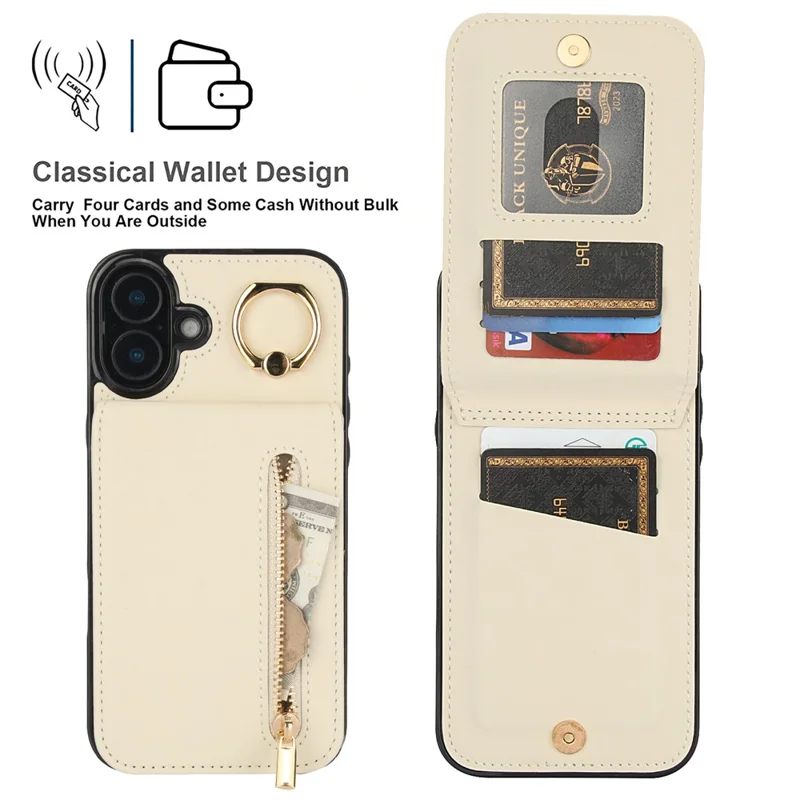For iPhone 16 Case RFID Blocking Ring Kickstand Retro Leather+TPU Anti-fall Phone Cover - Beige
