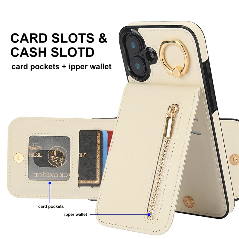 For iPhone 16 Case RFID Blocking Ring Kickstand Retro Leather+TPU Anti-fall Phone Cover - Beige