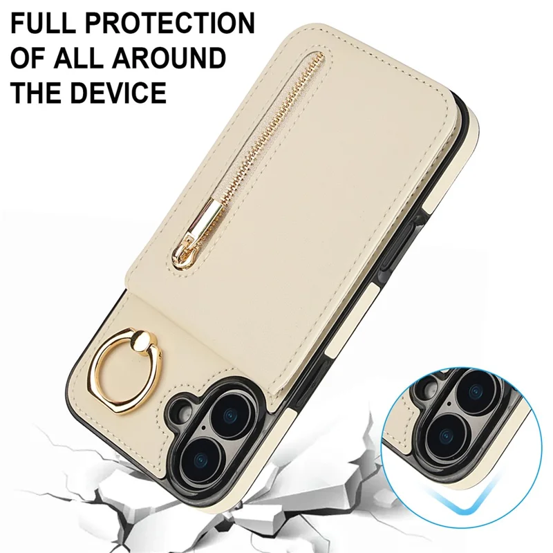 For iPhone 16 Case RFID Blocking Ring Kickstand Retro Leather+TPU Anti-fall Phone Cover - Beige