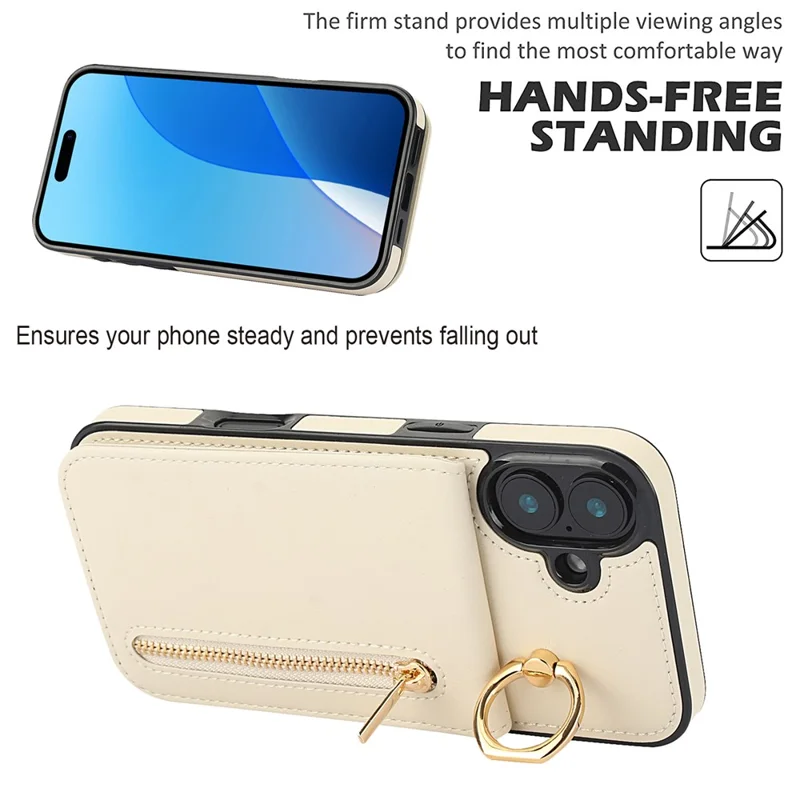 For iPhone 16 Case RFID Blocking Ring Kickstand Retro Leather+TPU Anti-fall Phone Cover - Beige