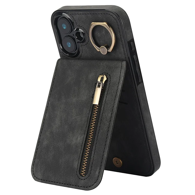 Pour Iphone 16 Plus Case RFID Blocking Ring Kickstand Retro Leather + Tpu Anti-Fall Téléphone Cover - Noir