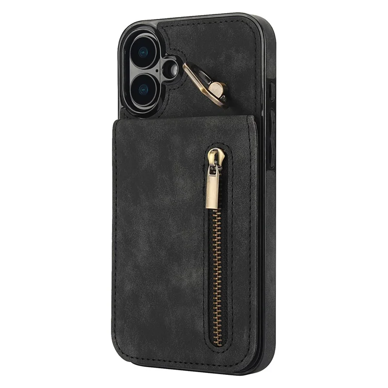 Pour Iphone 16 Plus Case RFID Blocking Ring Kickstand Retro Leather + Tpu Anti-Fall Téléphone Cover - Noir